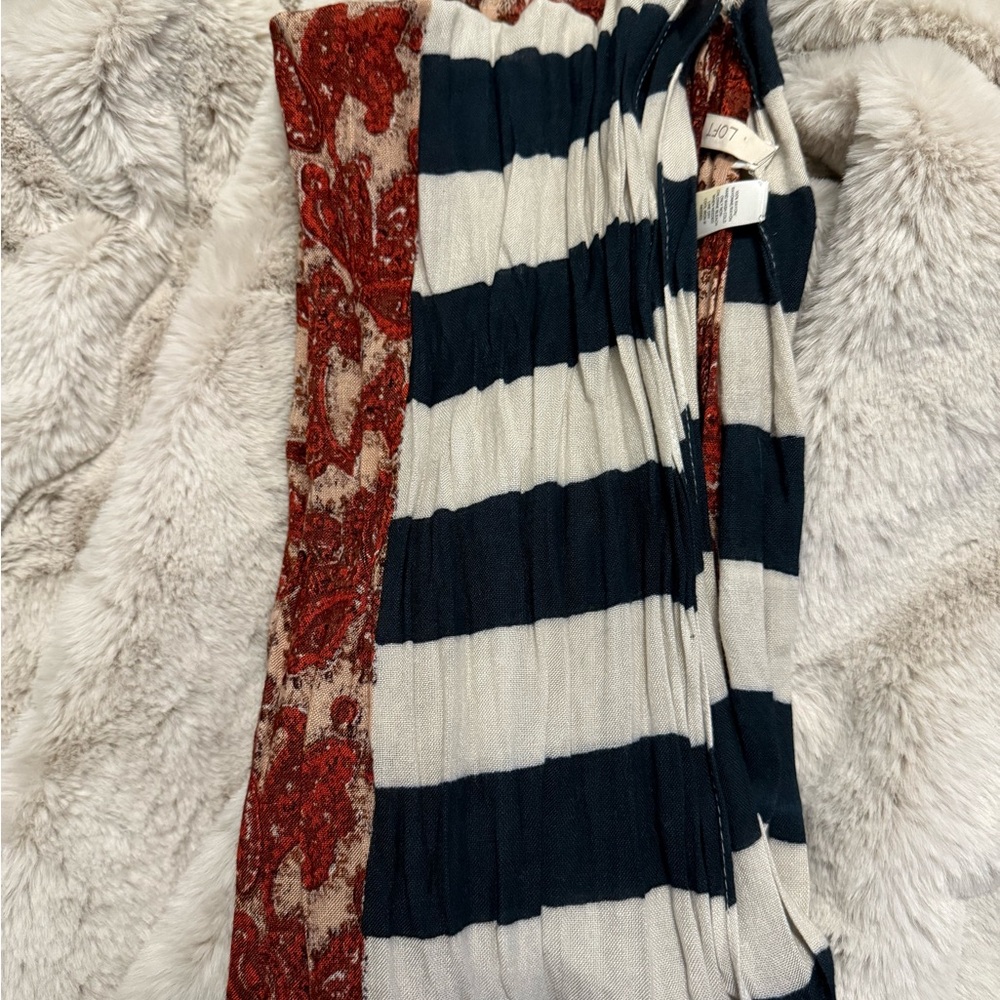 LOFT Navy and White Striped Scarf with Red Paisley
